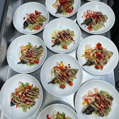 Fire-Roasted Aubergines, Tahini, Tabbouleh, Torshi Makhloot (pickled vegetables)